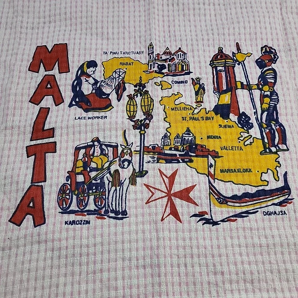 Vintage Tea Towel MALTA The Maltese Islands Travel Souvenir Pink 100%‎ Cotton